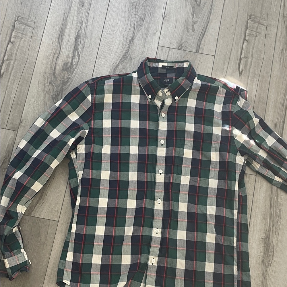 J. Crew Green and White Plaid Button-Down Shirt